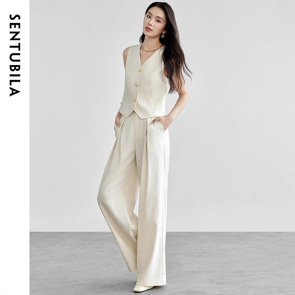 Women's Crop Vest and Wide Leg Pant Set, Linen Blend High Waist Matching Set