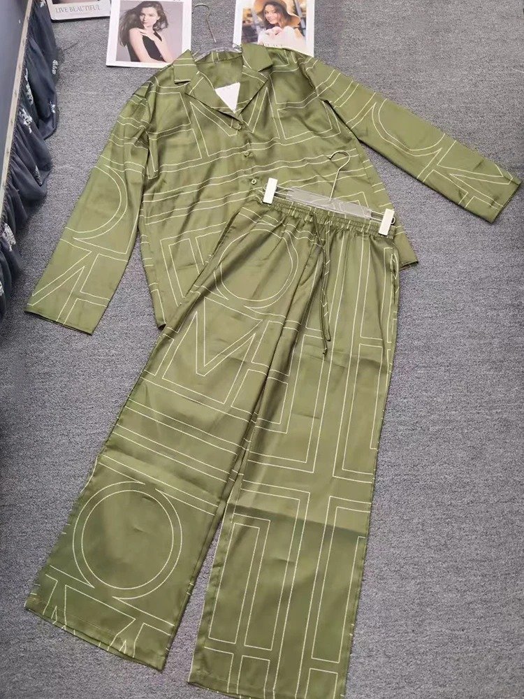 Women's Retro Geometric Print Pajama Shirt Set, Two Piece Wide Leg Pant Suit