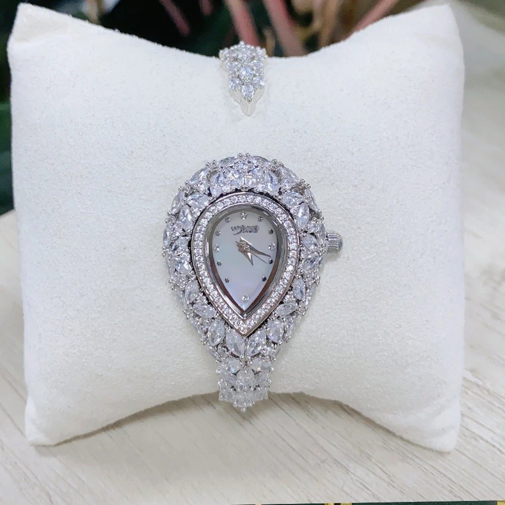 Women's Cubic Zirconia Bangle Watch, Crystal Pear Shape Wedding Party Jewelry Watch