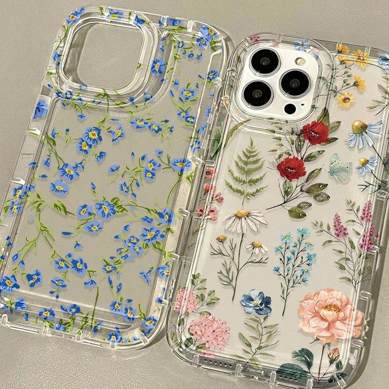 Flower Print Clear Phone Case, Shockproof Silicone Cover for iPhone
